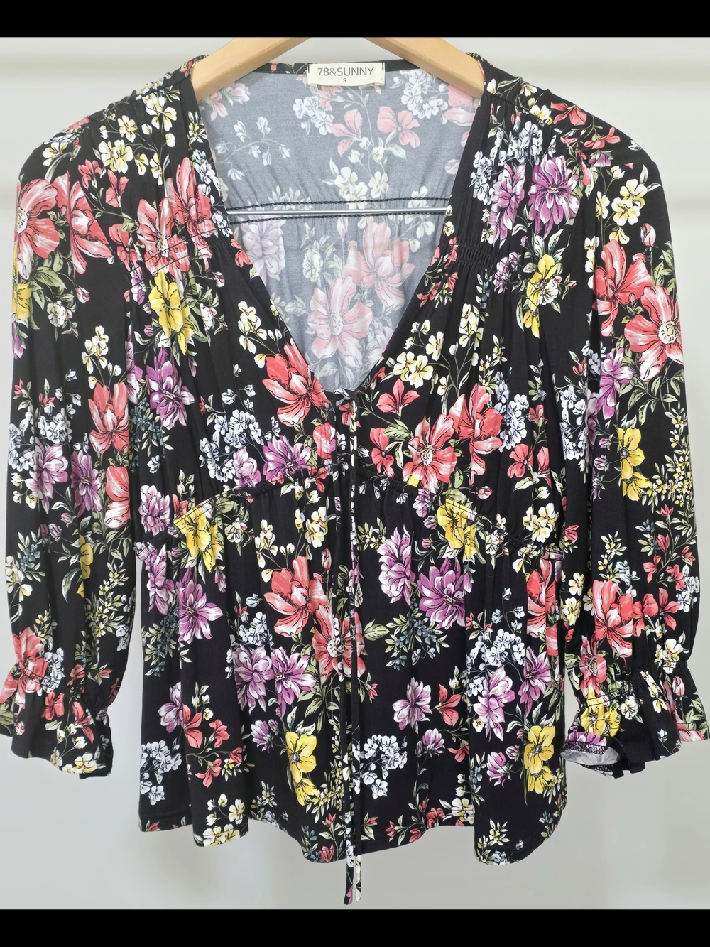 78 & Sunny Black Floral V-Neck Tie-Front Blouse